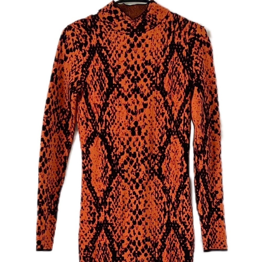 River Island Orange and Black Snake Print Mock Neck Bodycon Sexy Dress Sz S - Picture 2 of 5
